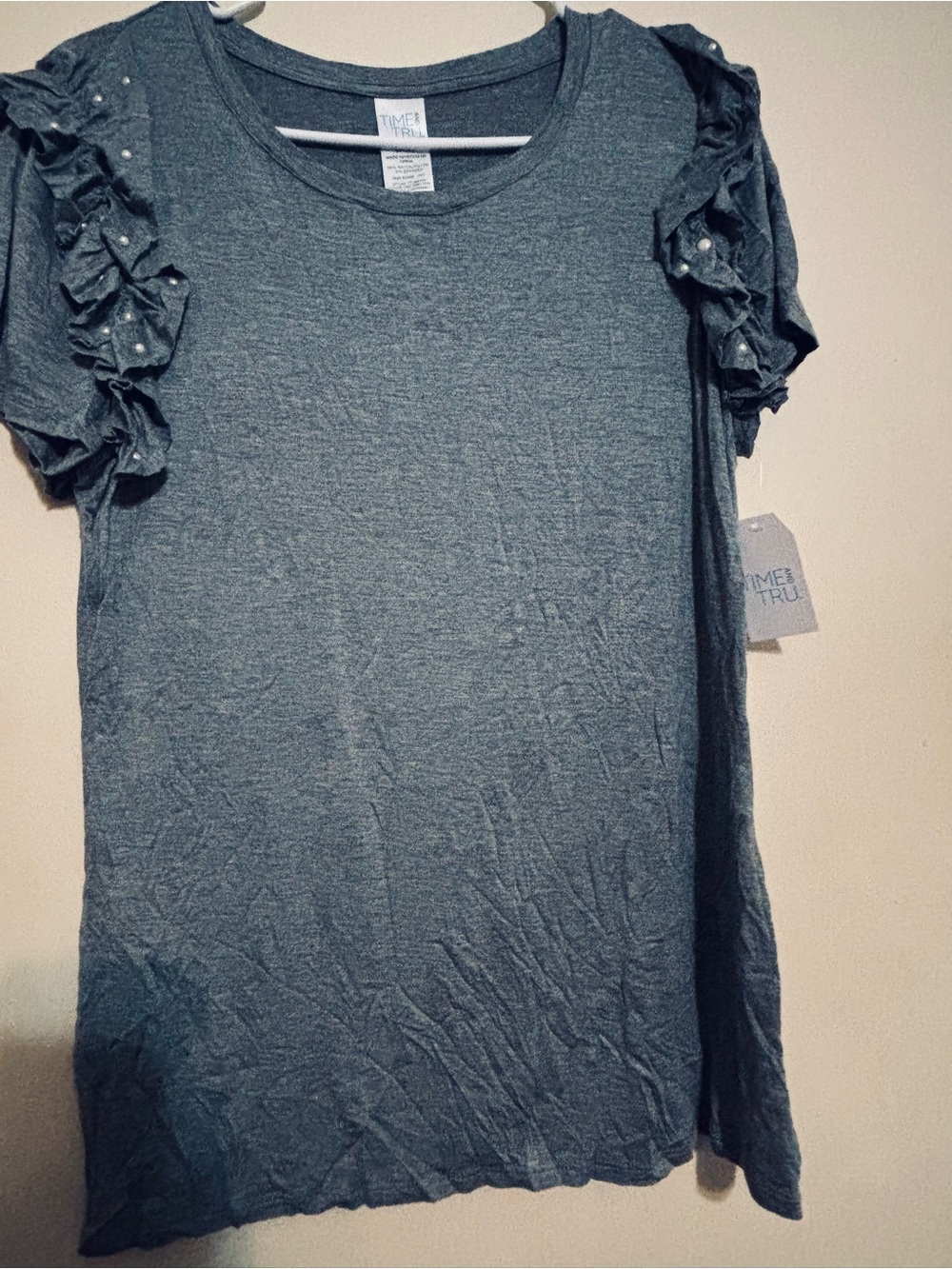 Time and Tru Slate Gray Ruffle Sleeve Crewneck Top with Pearl Detail